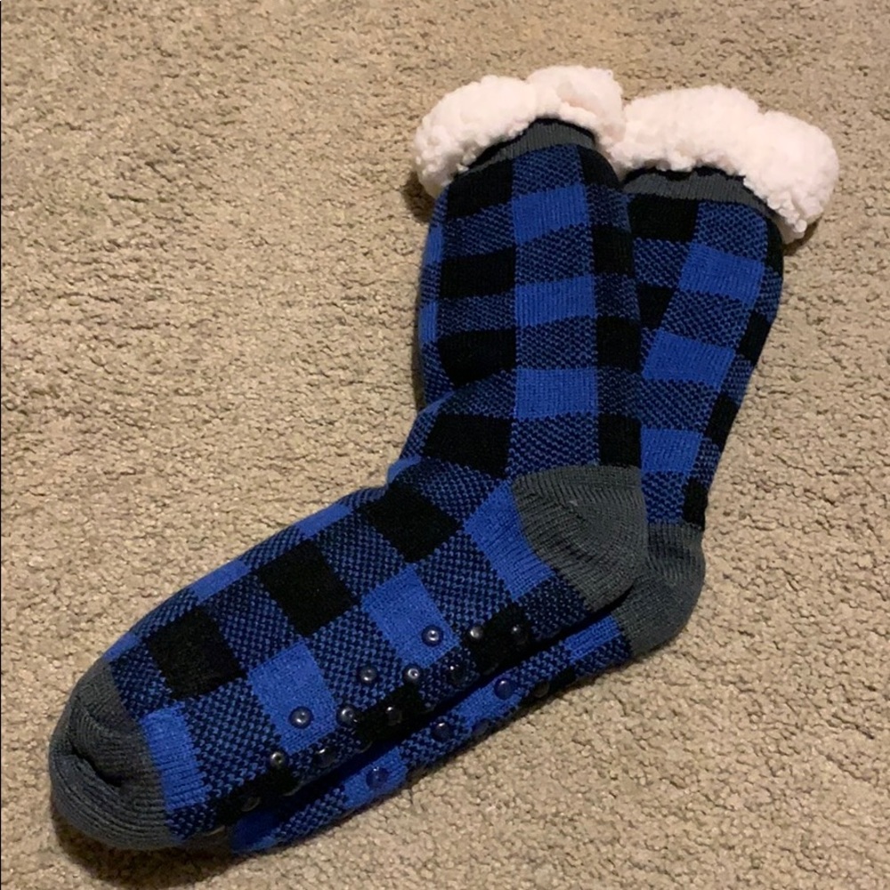 Men’s blue plaid slipper socks